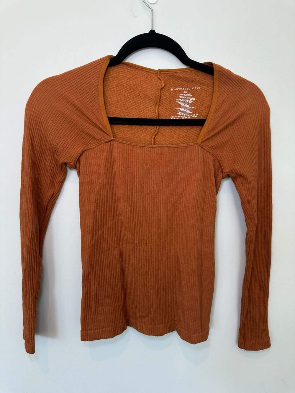 Anthropologie Ribbed Long Sleeve Top Size XS Brown Square Neck